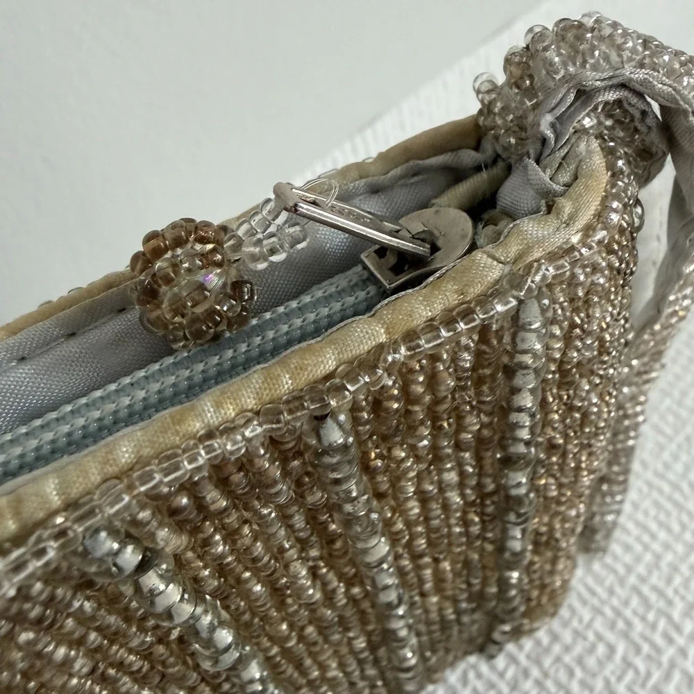 Vintage Wristlet Beaded Evening Clutch Bag Small Champagne Silver